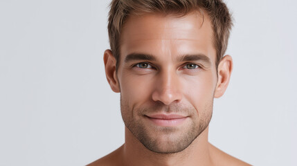Fototapeta premium Groomed clean male skin high clarity bright white studio closeup portrait of smiling young man with short hair and light stubble conveying confidence and warmth