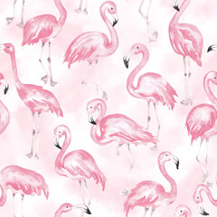 Obraz premium Flamingo pattern hand drawn with watercolor. Tropical birds repeating pattern. Pink birds seamless tile. Exotic design for textile, fabric, surface, packaging, wallpaper