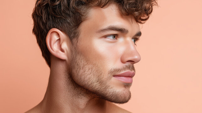 Handsome male portrait with subtle sun kissed warmth on cheek and jaw, soft peach background, contemplative expression, natural skin texture and light