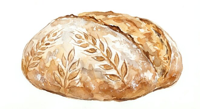 Freshly baked artisan bread loaf with decorative wheat pattern on golden crust, isolated on white background for bakery and food design projects.
