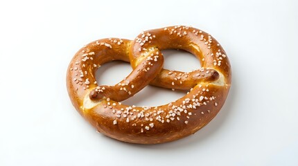 Fresh baked pretzel with coarse salt on white background isolated for food design and culinary projects.