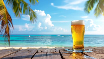 真夏の青空を背景にした冷たいビールジョッキのイメージ画像