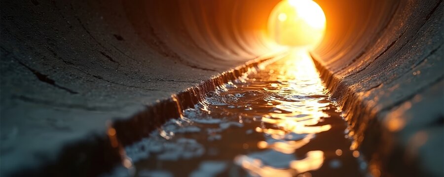 Inside concrete pipe with flowing dirty water. Sunlight shines at the end of the tunnel creating bright orange light. Waterway infrastructure.