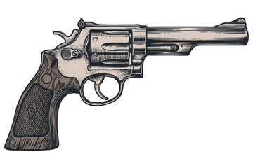 Vintage vector illustration of a classic revolver in an engraving style. The detailed firearm has a wooden grip and is isolated on a white background.
