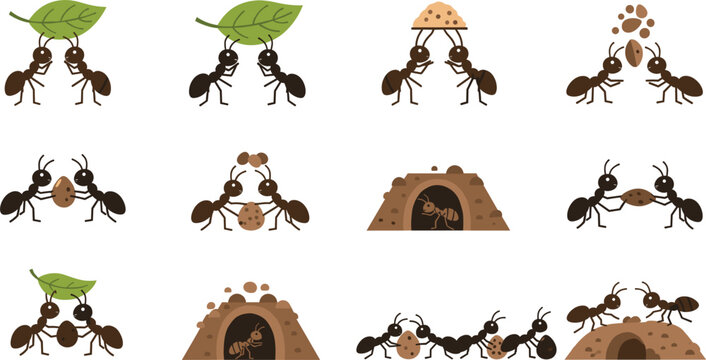 Cute Ant Cartoon Character Vector Set with Anthill and Food Elements for Kids Education Teamwork Concept Wildlife Insect Flat Illustration Bundle