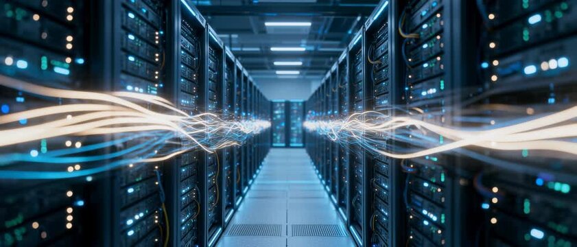 Modern Data Center Interior Featuring Rows of Servers and Glowing Network Connectivity Light Trails