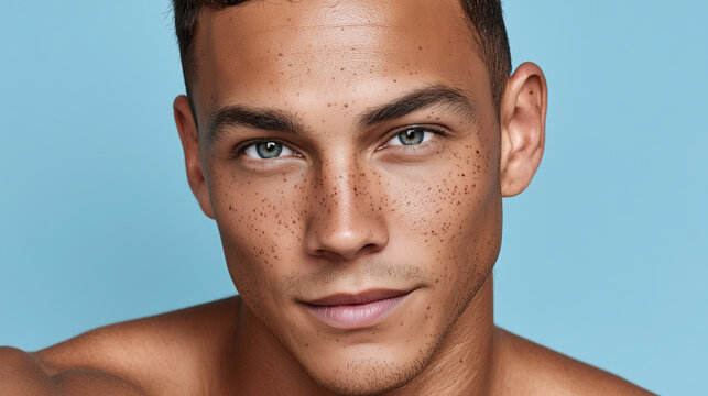 Young man with light freckles and clear skin against blue background, confident expression and soft studio lighting