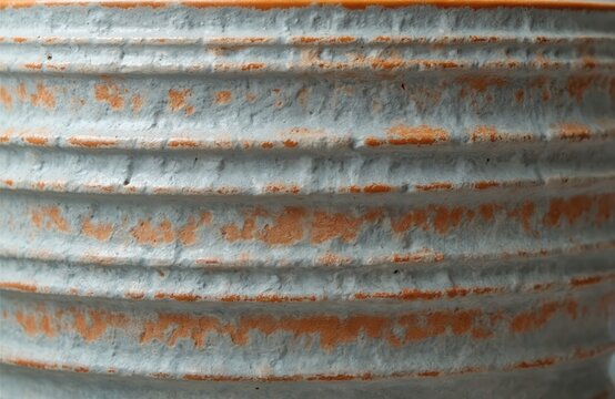 Textured ceramic surface with horizontal grooves. Light blue glaze shows rough orange clay underneath. Aged pottery has rustic worn look. Close up.