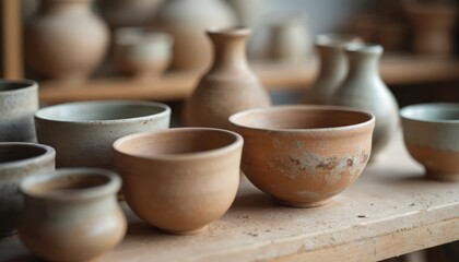 Earthenware pots and bowls rest on a wooden shelf in a studio. Various handmade ceramic vessels showcase rustic artistry. Pottery works display unique texture and natural glaze.