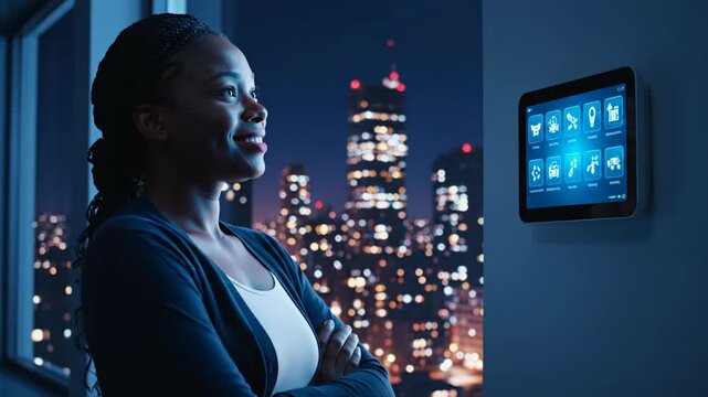 Woman using smart home control system on tablet, automation technology, city night view.