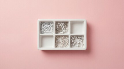 Organized office supplies in a white tray on pink background
