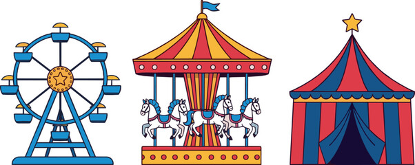 Circus carnival amusement elements set with ferris wheel, merry go round and big top tent, colorful cartoon flat vector illustration for festival and entertainment design © Nasrin