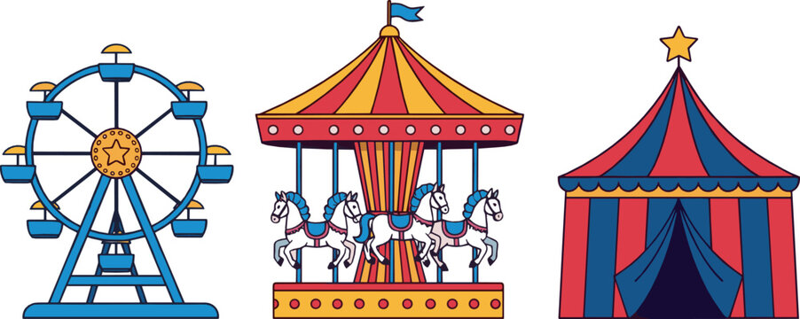 Circus carnival amusement elements set with ferris wheel, merry go round and big top tent, colorful cartoon flat vector illustration for festival and entertainment design
