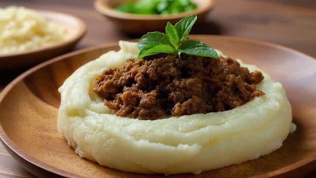close-up video mashed potatoes cooked with minced meat stew
