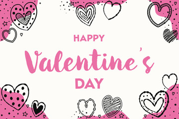 Cute Valentine&rsquo;s Day greeting card with cartoon hearts. Background with hand drawn elements. Vector illustration