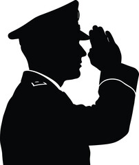 Police officer silhouette saluting, law enforcement profile portrait, security service concept, uniformed authority figure illustration, black vector design icon artwork © Bokul Creatives