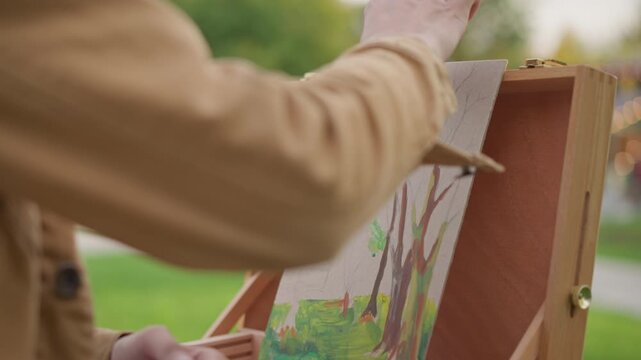 Artist at work sketching tree branches on portable easel amidst greenery. Relaxed afternoon scene depicting outdoor pastel painting with detailed brushless technique in park setting