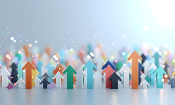 Colorful arrow icons pointing upward on clean surface with bokeh lights background representing growth, success, progress and business development.