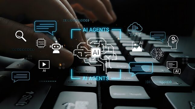 Business professional typing on laptop with AI agents and artificial intelligence technology overlay icons for automation and digital transformation.