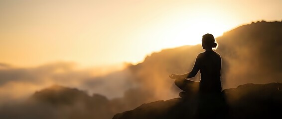 Woman meditating in lotus position on mountain peak during golden hour sunrise with warm sunlight and peaceful atmosphere for wellness and mindfulness.