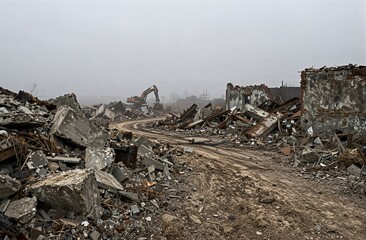 Demolition site with rubble piles and fog creating eerie atmosphere