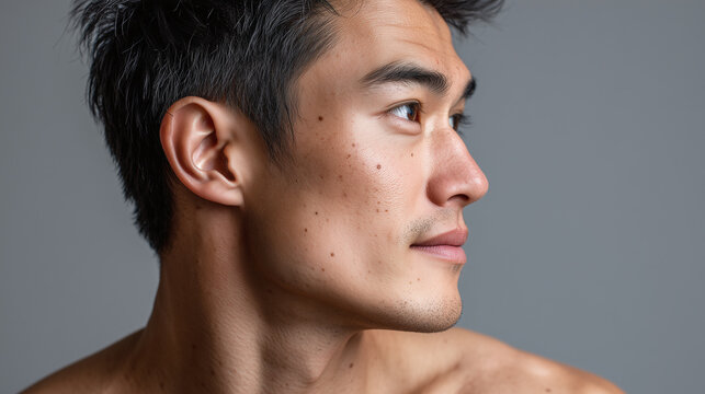 Young male model profile with warm soft luminance across skin, minimal grey studio background, contemplative expression and visible facial moles