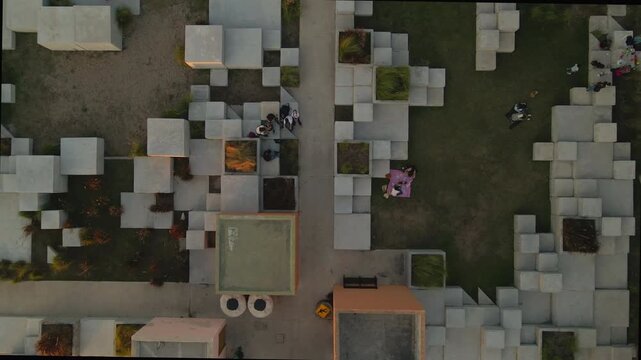 Contemporary sculptures inside Mazatlan Central Park, aerial close up of urban art installations.