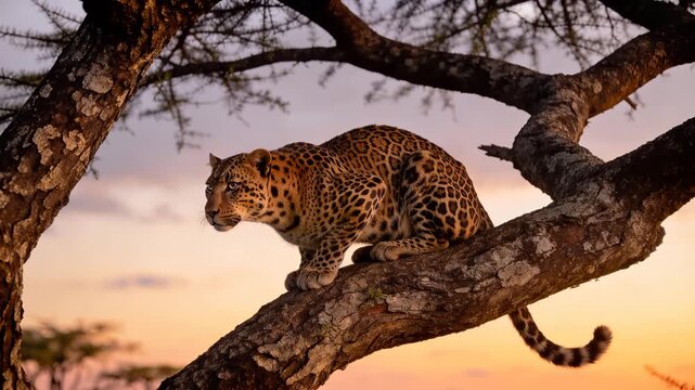 Wild leopard resting on a tree branch at sunset