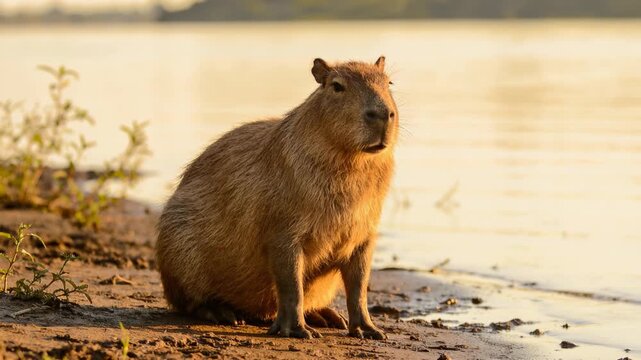 Adorable capybara sitting on a riverbank at sunset
