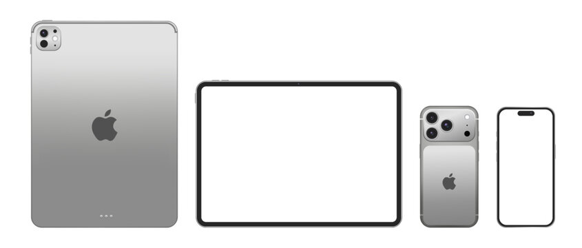 Apple iPhone 17 Pro and iPad Pro mockup vector set front and back view blank screen, isolated mobile and tablet device template for UI UX app design illustration