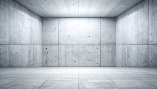 An empty white interior room featuring a textured gray concrete wall and a dark vintage wooden floor creates a blank architectural backdrop with a grunge cement design and nobody present