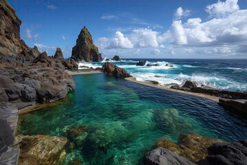 Obraz premium the natural pool at madeira's mocanal, surrounded by rugged rocks and crashing waves in the background, under a blue sky with white clouds Generative AI