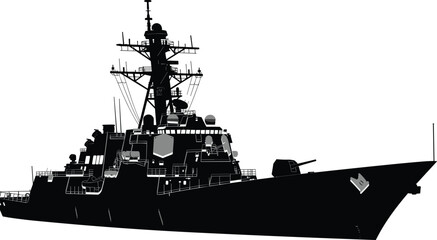 Silhouette of modern military warship destroyer, naval combat vessel black shadow isolated on white background for defense and maritime design © Bokul Creatives
