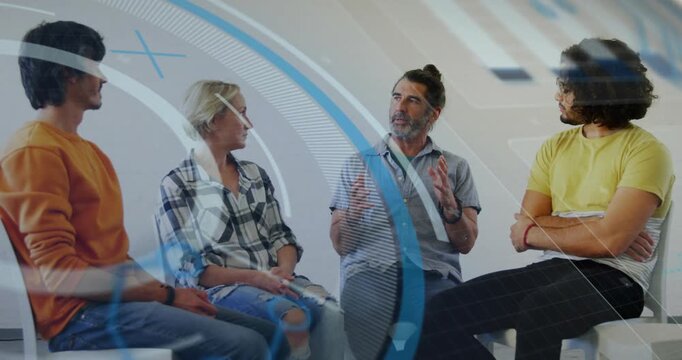 Center speaker raising hands leading business meeting, engaging peers blue circle sweeping notebook