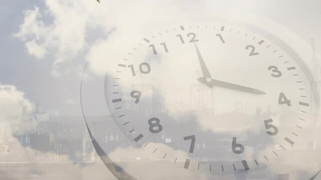 Time-lapse starting faint clock rotating hands clouds drifting bird crossing skyline showing time