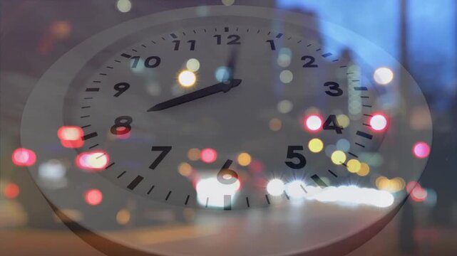 Playback starting, analog clock rotating hands while traffic bokeh shifting, showing time passage