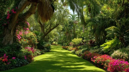 Obraz premium Lush tropical garden path with vibrant flowers and towering palms