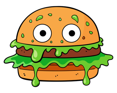 A cartoon burger with a green ooze and eyes on a bun viewed from the front