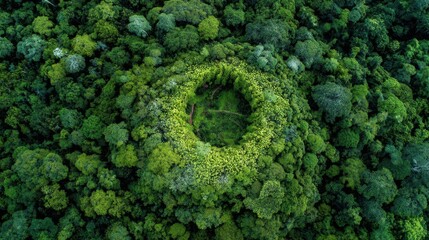 Aerial view of lush green forest with natural circular clearing in tropical jungle