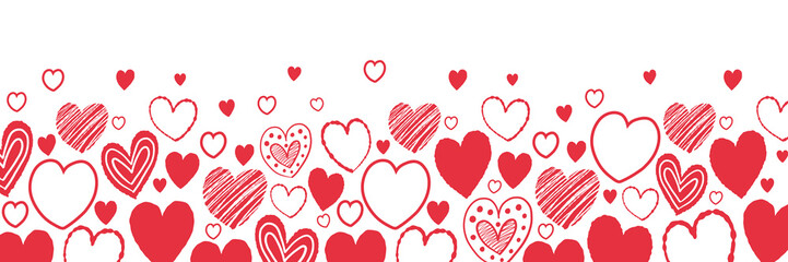 Banner with cute cartoon floating hearts. Background with hand drawn shapes. Doodles. Design for Valentine&rsquo;s Day, Mother&rsquo;s Day and Women&rsquo;s Day. Vector illustration