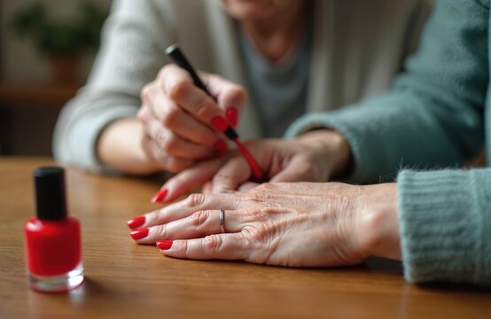 An older woman paints her fingernails bright red, with a second person assisting. A bottle of red nail polish sits nearby on a wooden table, highlighting beauty care.