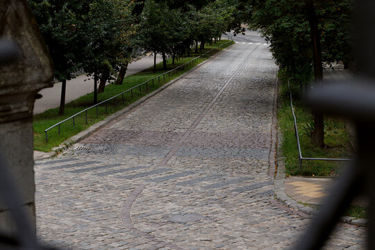 cobble atone middle age street for cabins alley way with trees moody environment