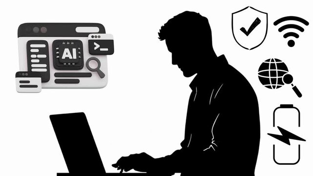 silhouette of a man with laptop support  AI  and devise 