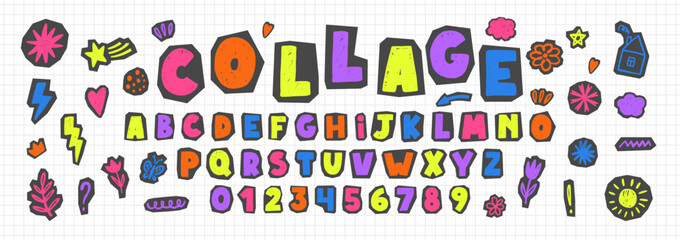 Vintage paper alphabet stickers with retro cutout letters, torn edges, and collage aesthetic. Star, heart, zigzag with crayon, pencil or chalk texture. © Arina