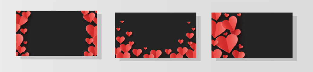 Collection of abstract backgrounds with floating paper cut hearts. Modern design for Valentine&rsquo;s Day, Mother&rsquo;s Day and Women&rsquo;s Day. Vector illustration