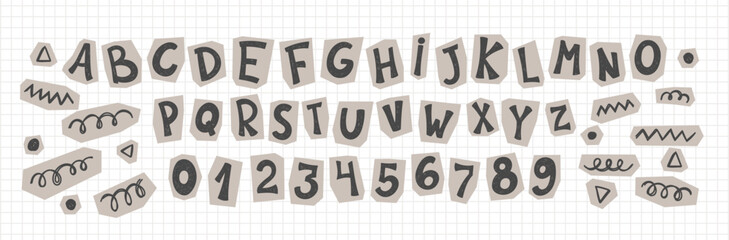 Vintage paper alphabet stickers with retro cutout letters, torn edges, and collage aesthetic. Hand drawn elements with crayon, pencil or chalk texture. Vector illustration. © Arina