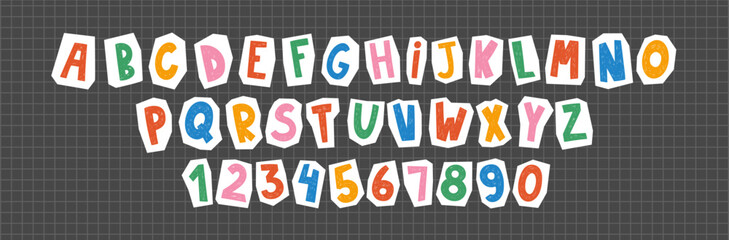 vintage style with aesthetic torn edges. Retro alphabet stickers with crayon, pencil or marker texture. Vector illustration. © Arina
