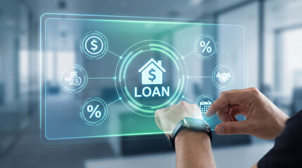Fototapeta premium Person interacts with digital interface displaying loan related icons, including house, percentage signs, and currency symbols, suggesting financial technology and modern banking solutions