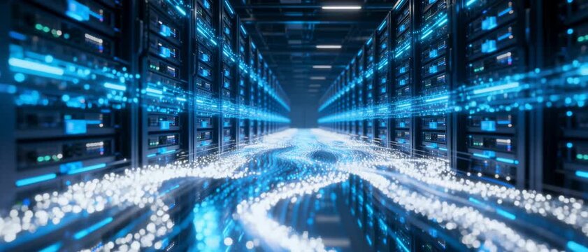 Modern Data Center Interior with Rows of Server Racks, Glowing Blue Data Flows, and Digital Connectivity Visualizations