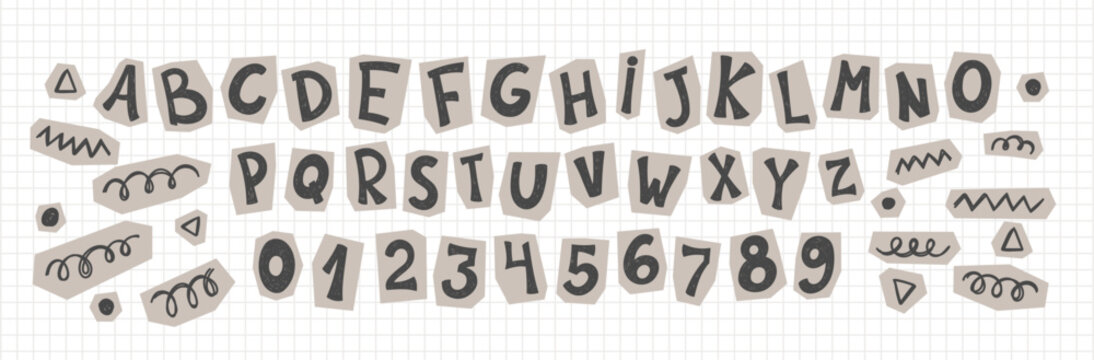 Vintage paper alphabet stickers with retro cutout letters, torn edges, and collage aesthetic. Hand drawn elements with crayon, pencil or chalk texture. Vector illustration.